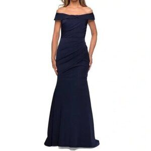 La Femme Navy Blue 28110 Off Shoulder Ruche-Ornate Trumpet Dress Size 4  NWT